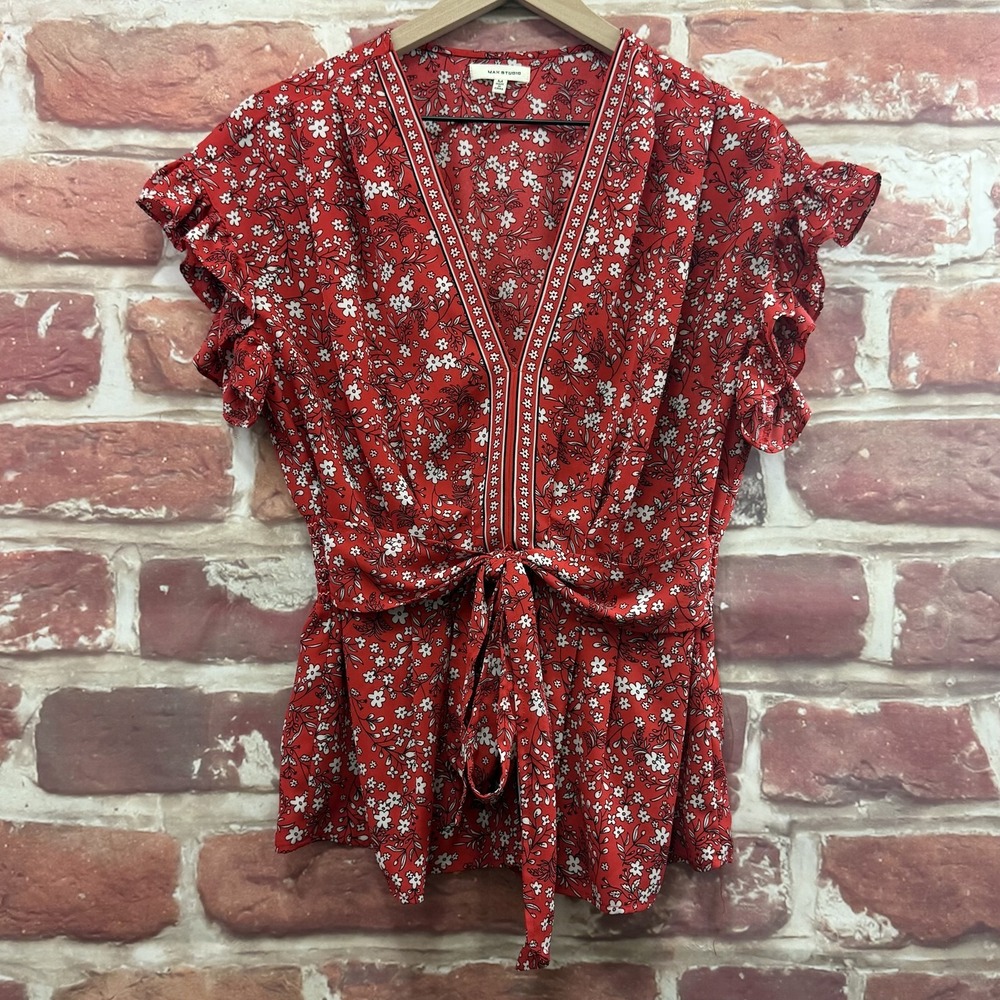 Max Studio Top Women's Medium Red Chic Boho Cottage Floral Tie Waist Shirt